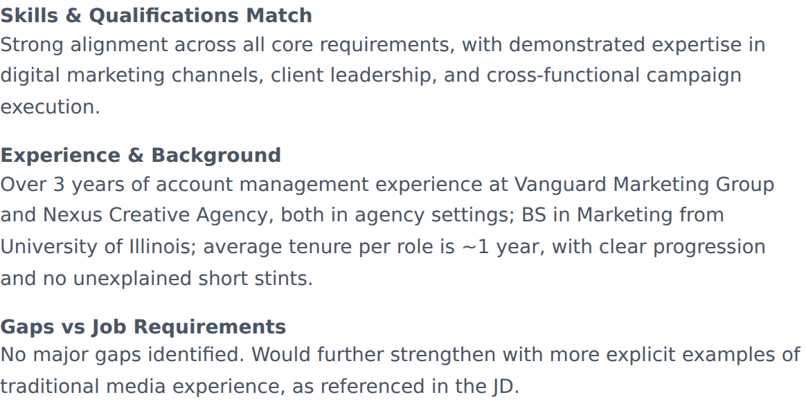 A breakdown explaining how a candidate's resume score was reached, with skills match and gaps versus the job requirements.